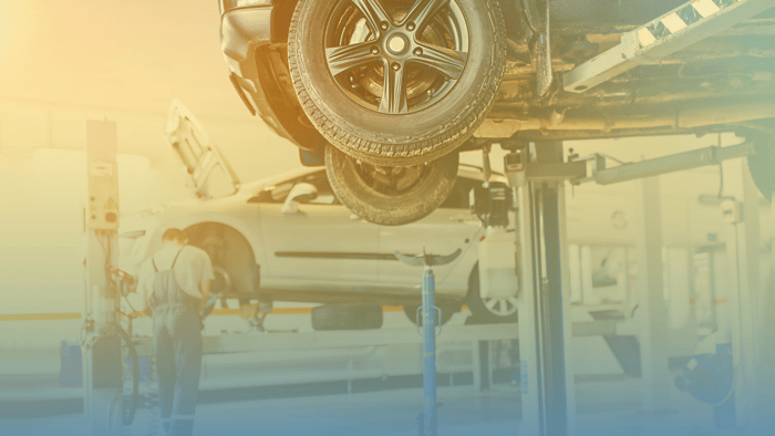 cars on lifts in auto repair shop